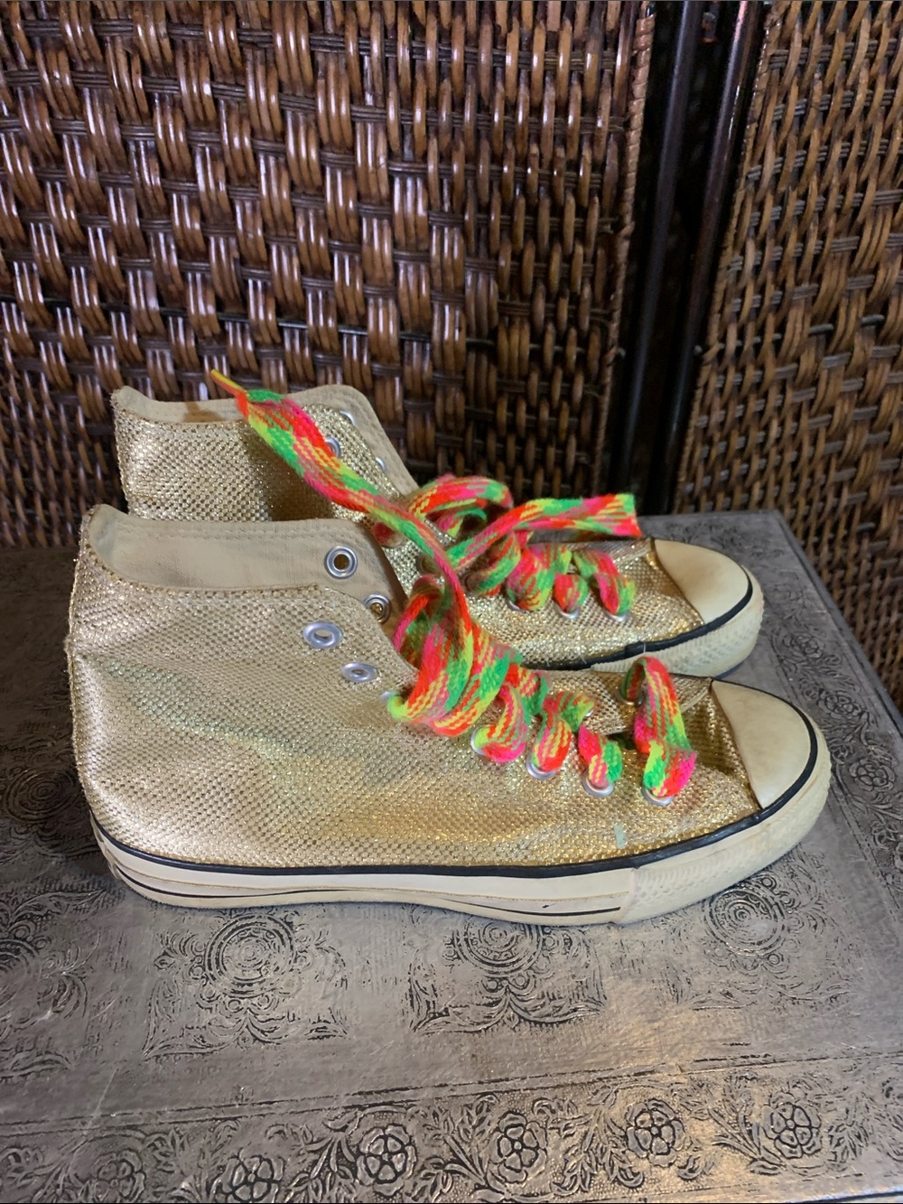Converse Gold High-Top Sneakers with Neon Multicolor Laces